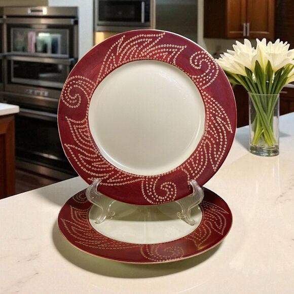 Pier 1 Imports Matira Dinner Plates - Set of 2 - 10.5” Stoneware Red Cream - Picture 1 of 9